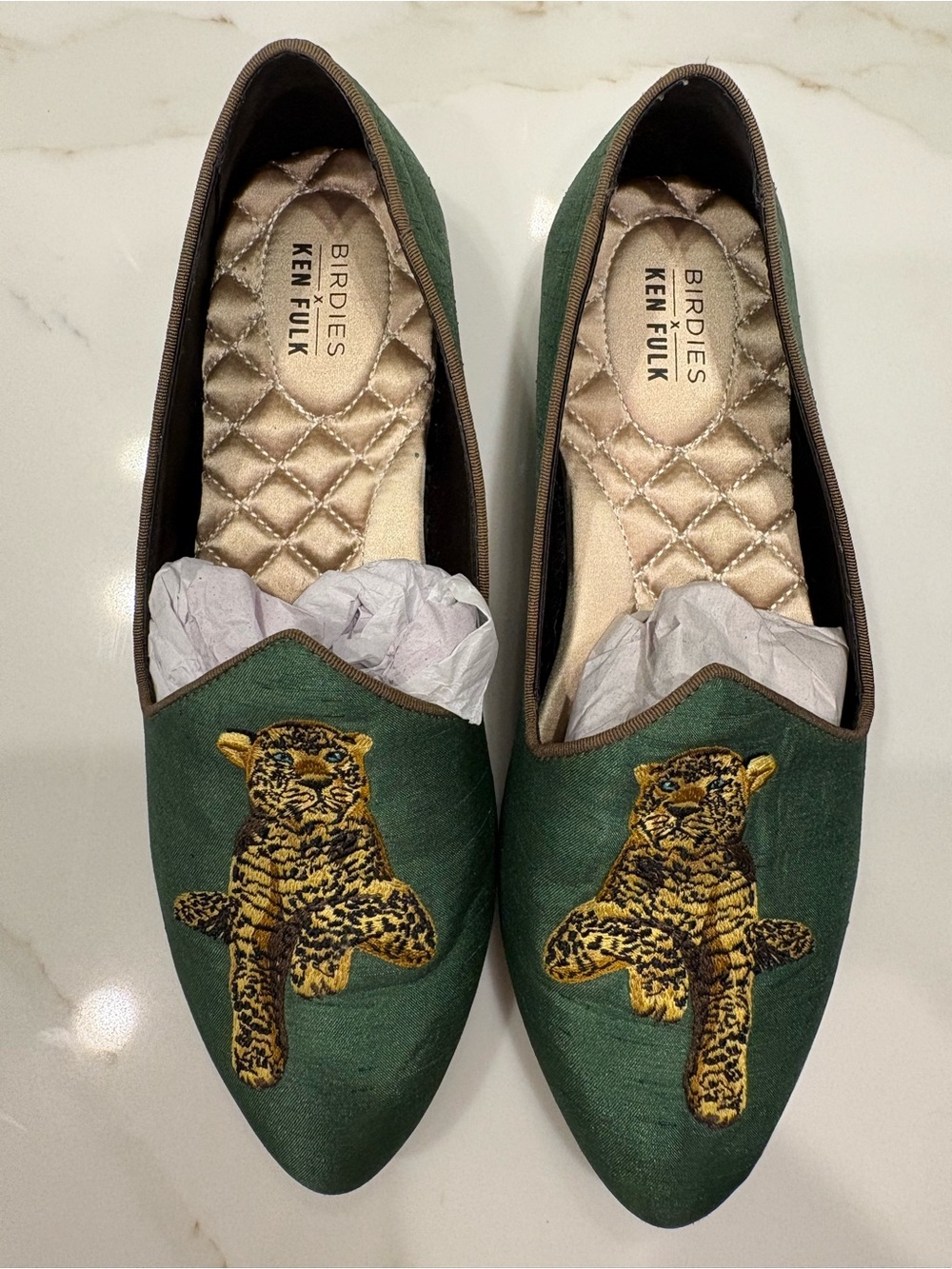 Birdies x Ken Fulk emerald leopard satin slipper